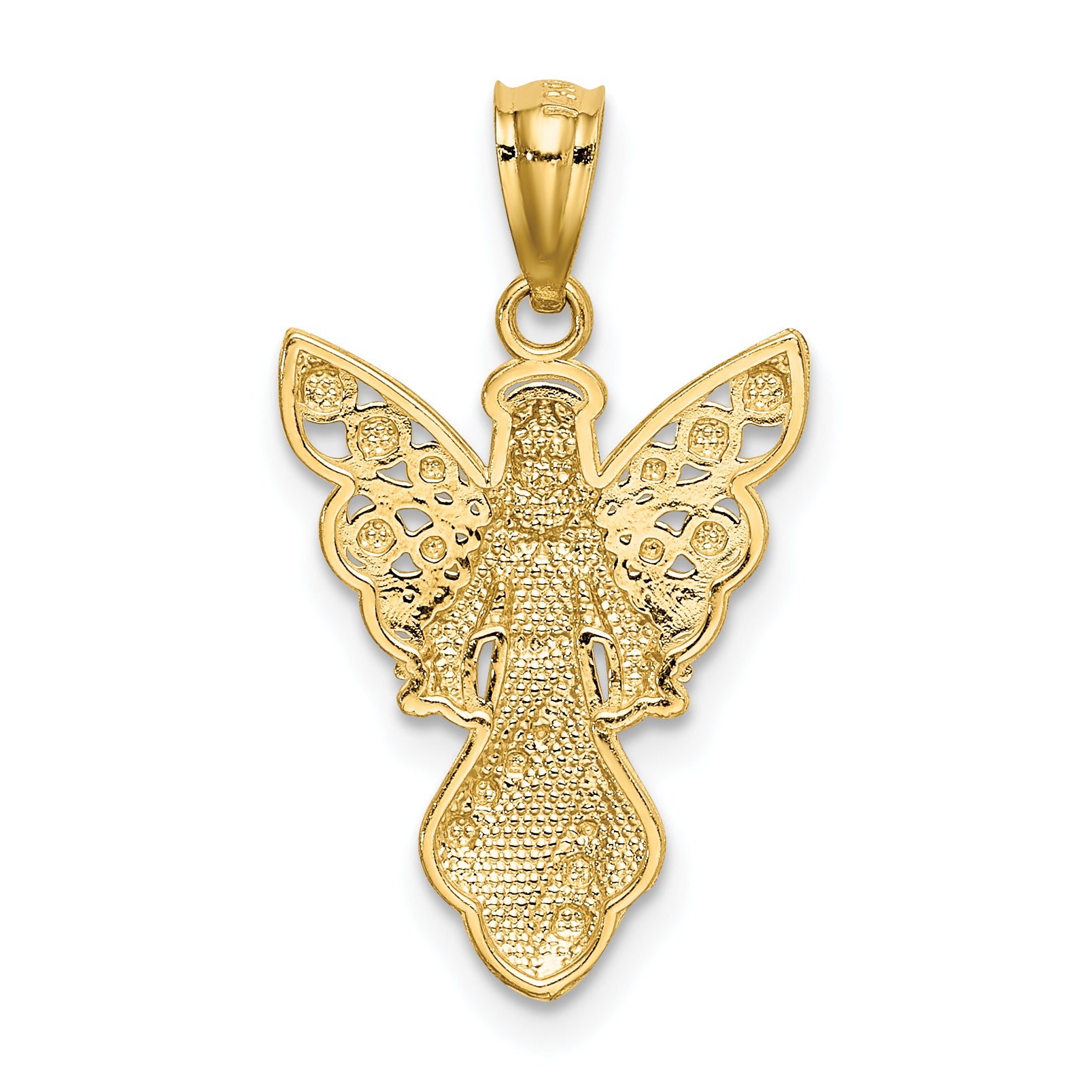 14K Gold Angel Pendant with Rhodium Finish and Textured Design  Elegant and Solid