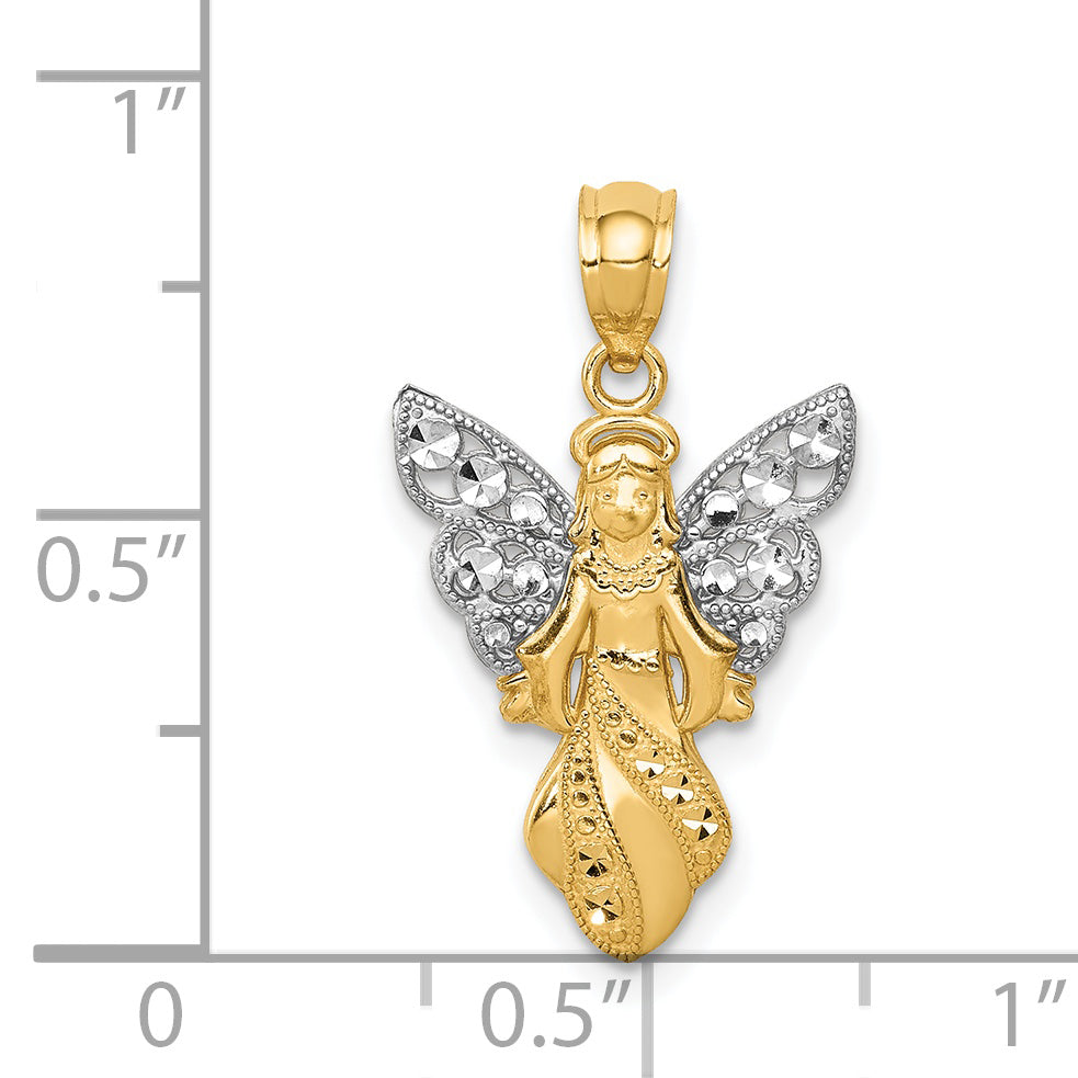 14K Gold Angel Pendant with Rhodium Finish and Textured Design  Elegant and Solid