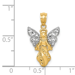 14K Gold Angel Pendant with Rhodium Finish and Textured Design  Elegant and Solid