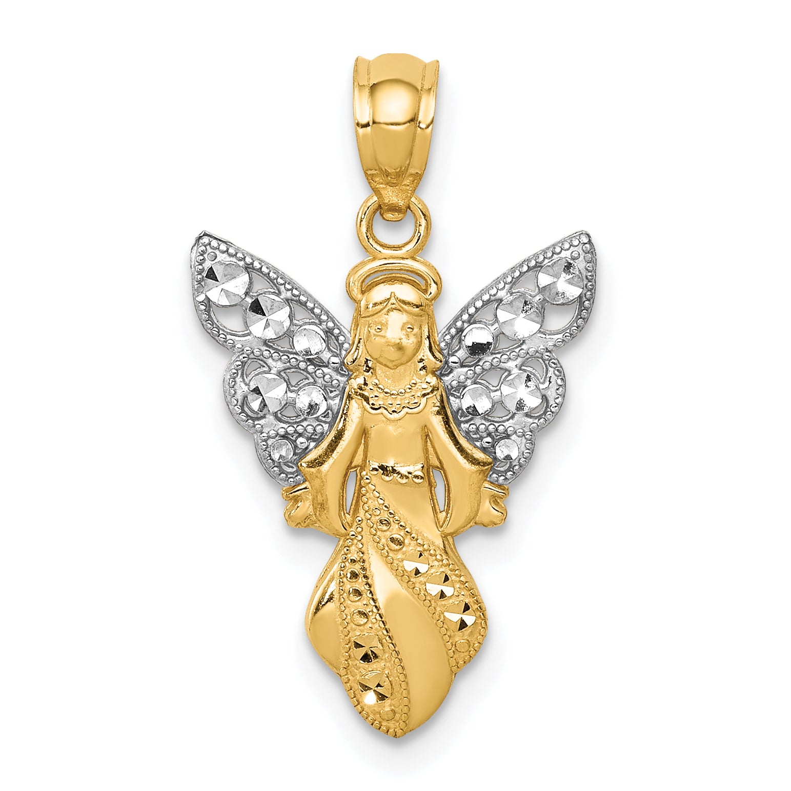 14K W/Rhodium Polished / Textured Angel Pendant