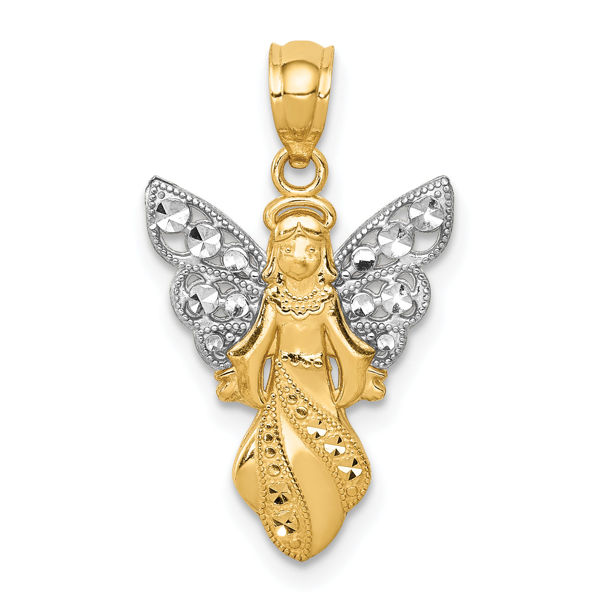 14K W/Rhodium Polished / Textured Angel Pendant