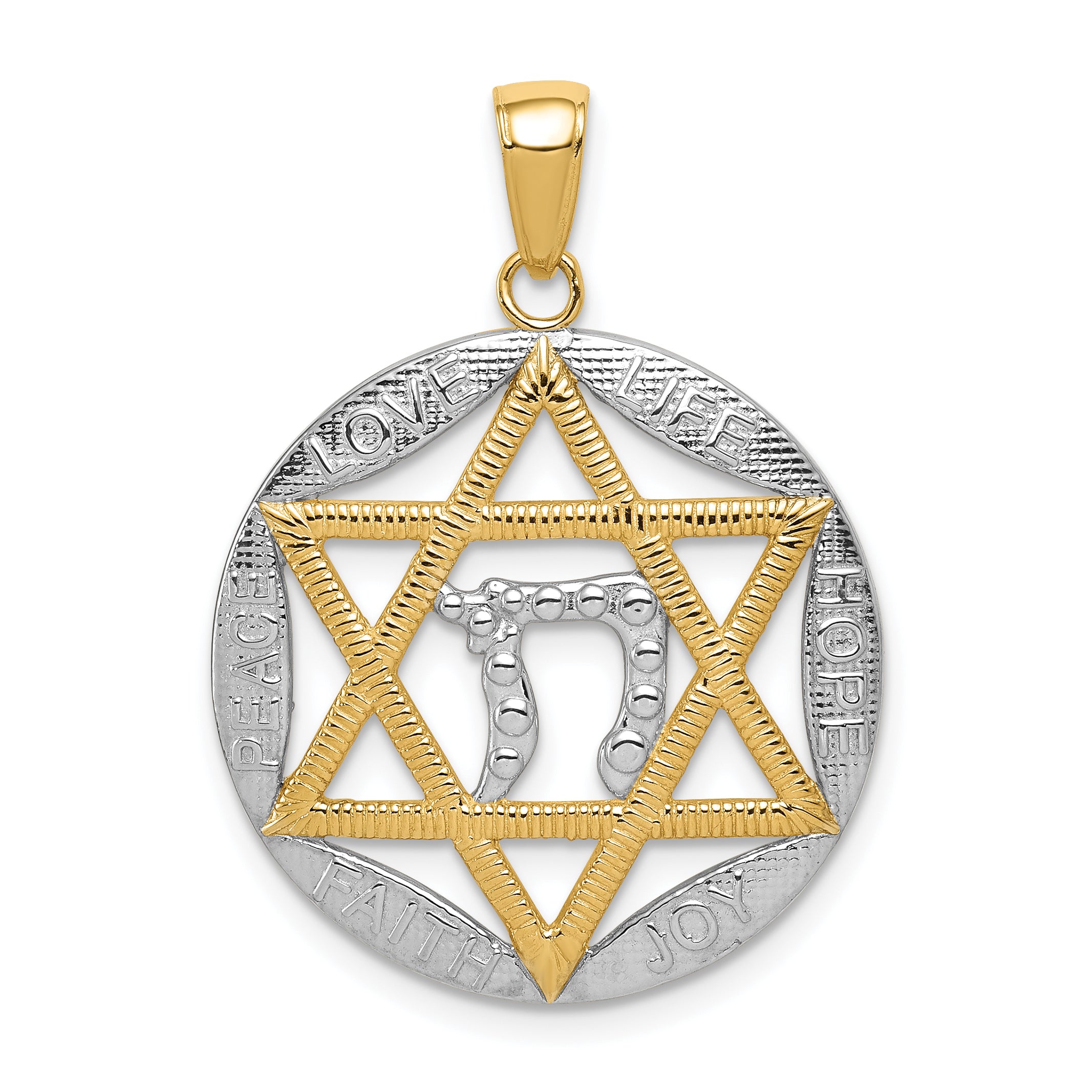 14K w/Rhodium Polished Star of David w/Chai Round Pendant