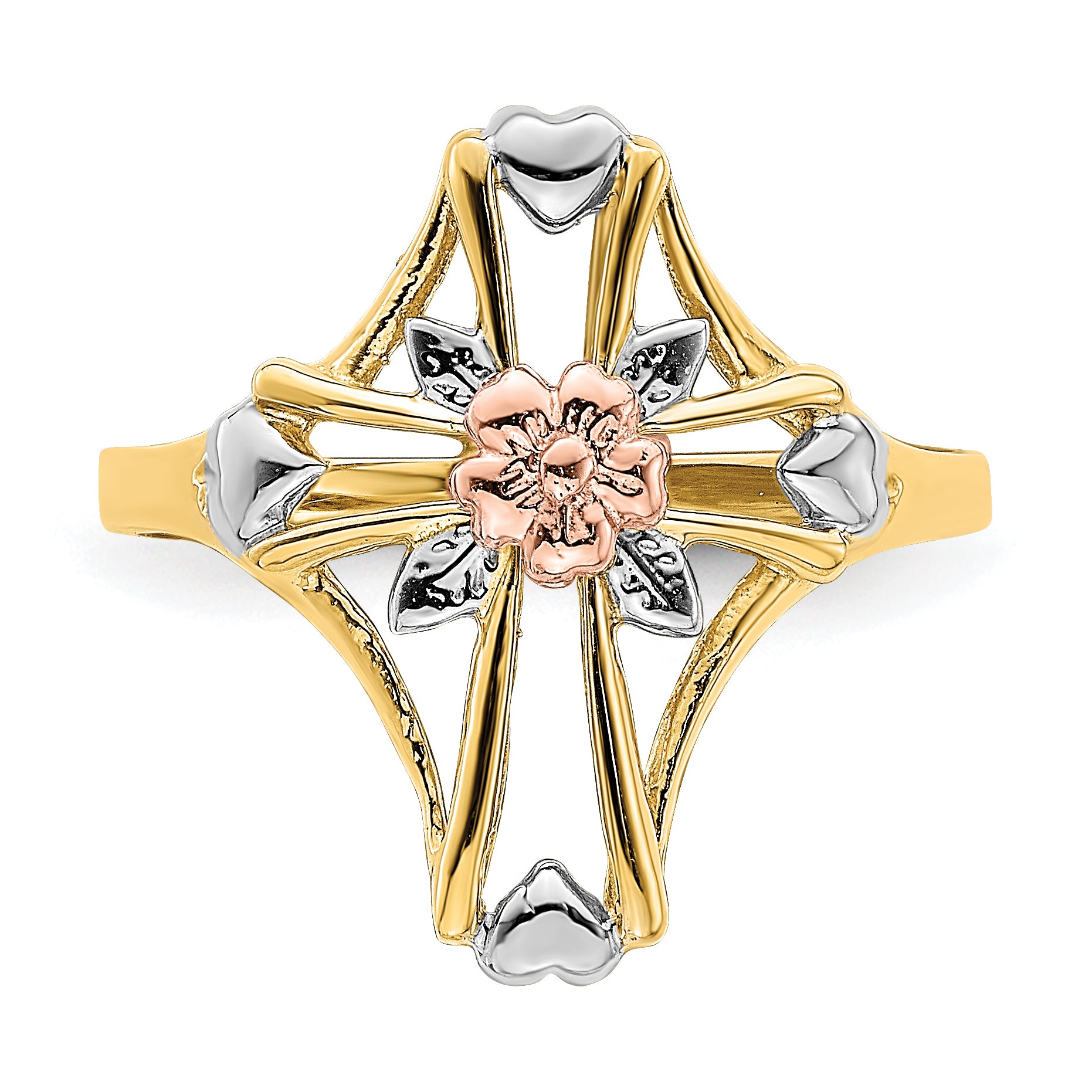 14K Two-tone WithWhite Rhodium Polished Cross WithFlower Ring