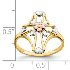 14K Two-tone WithWhite Rhodium Polished Cross WithFlower Ring