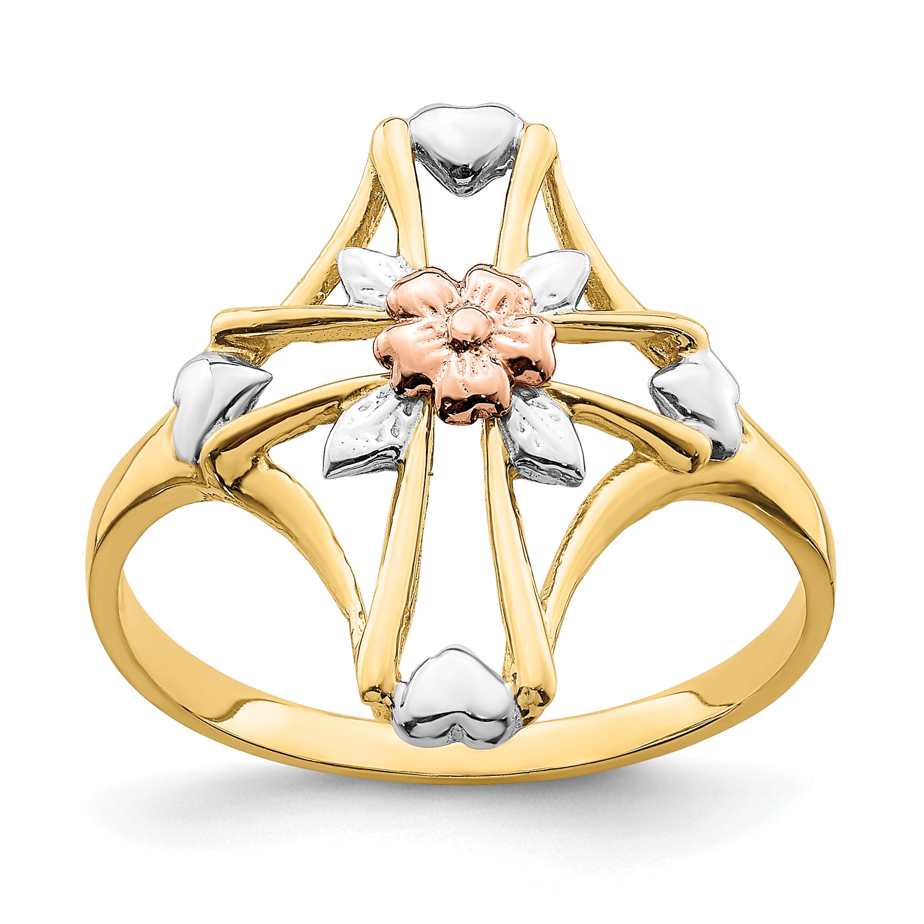 14K Two-tone WithWhite Rhodium Polished Cross WithFlower Ring