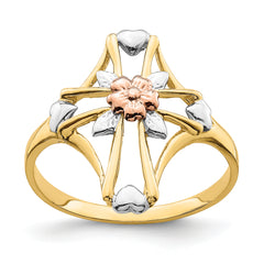 14K Two-tone WithWhite Rhodium Polished Cross WithFlower Ring