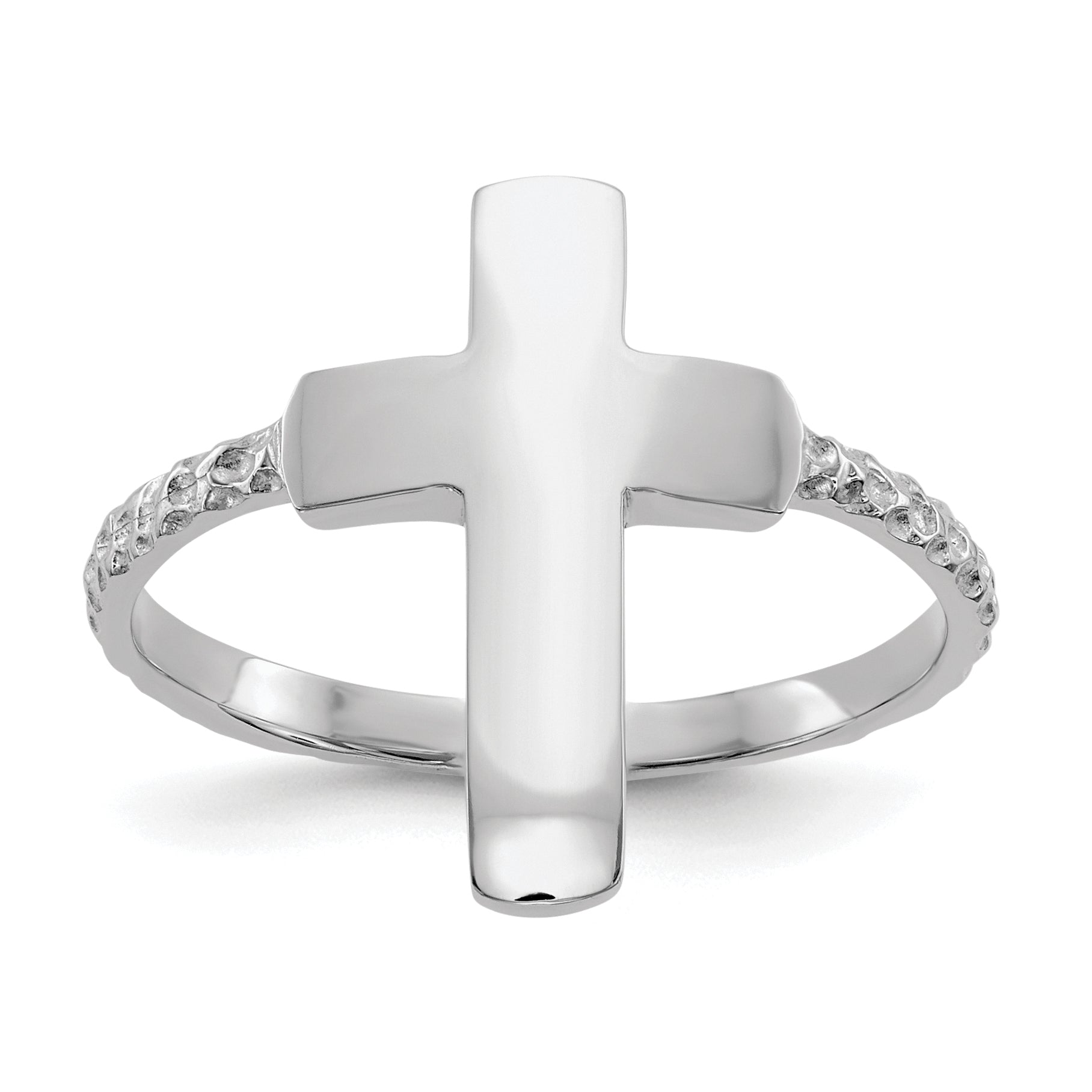 14k White Gold Polished Textured Cross Ring