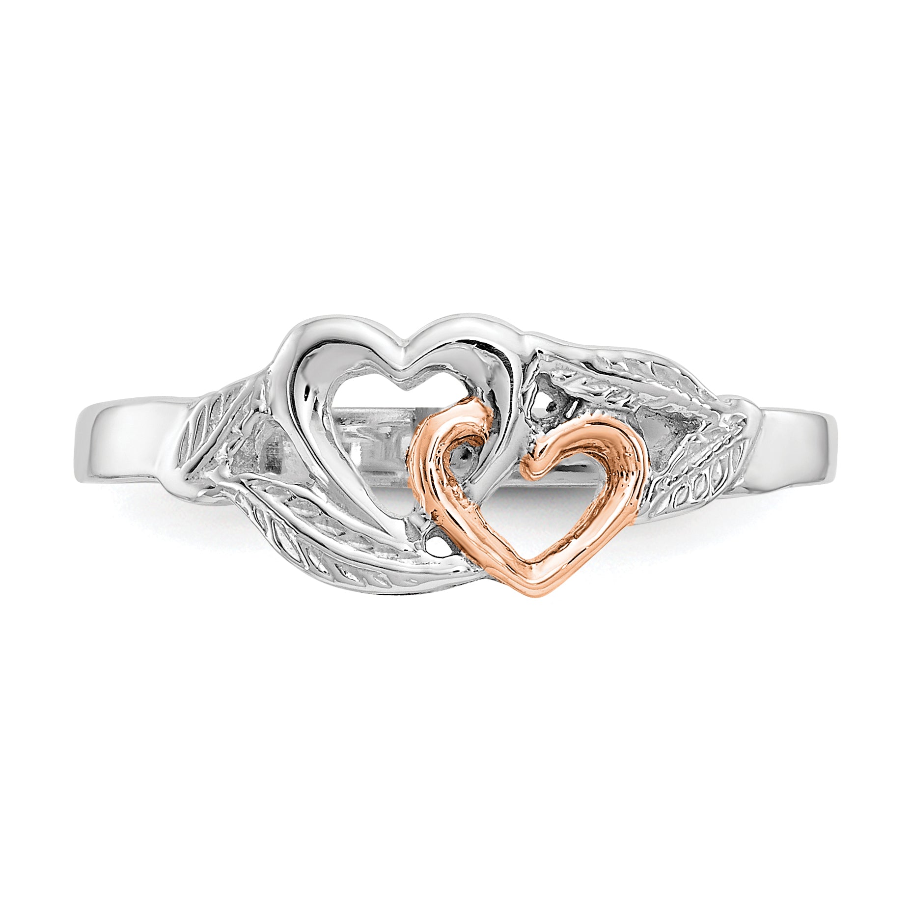 14K White and Rose Gold-Plated Polished Hearts and Leaves Ring