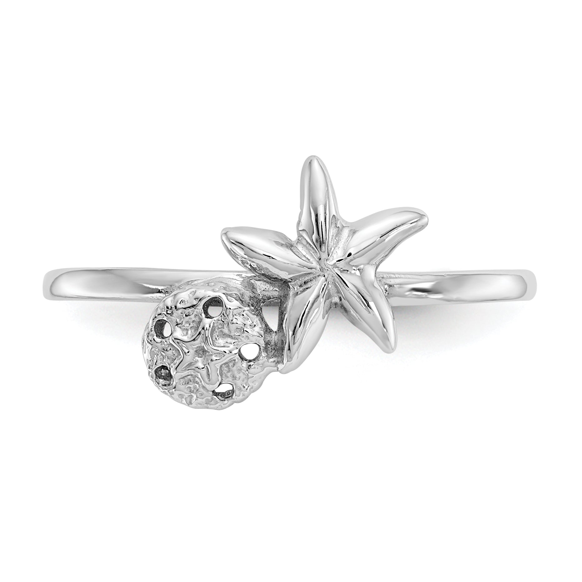 14k White Gold Polished Starfish & Sand Dollar Ring