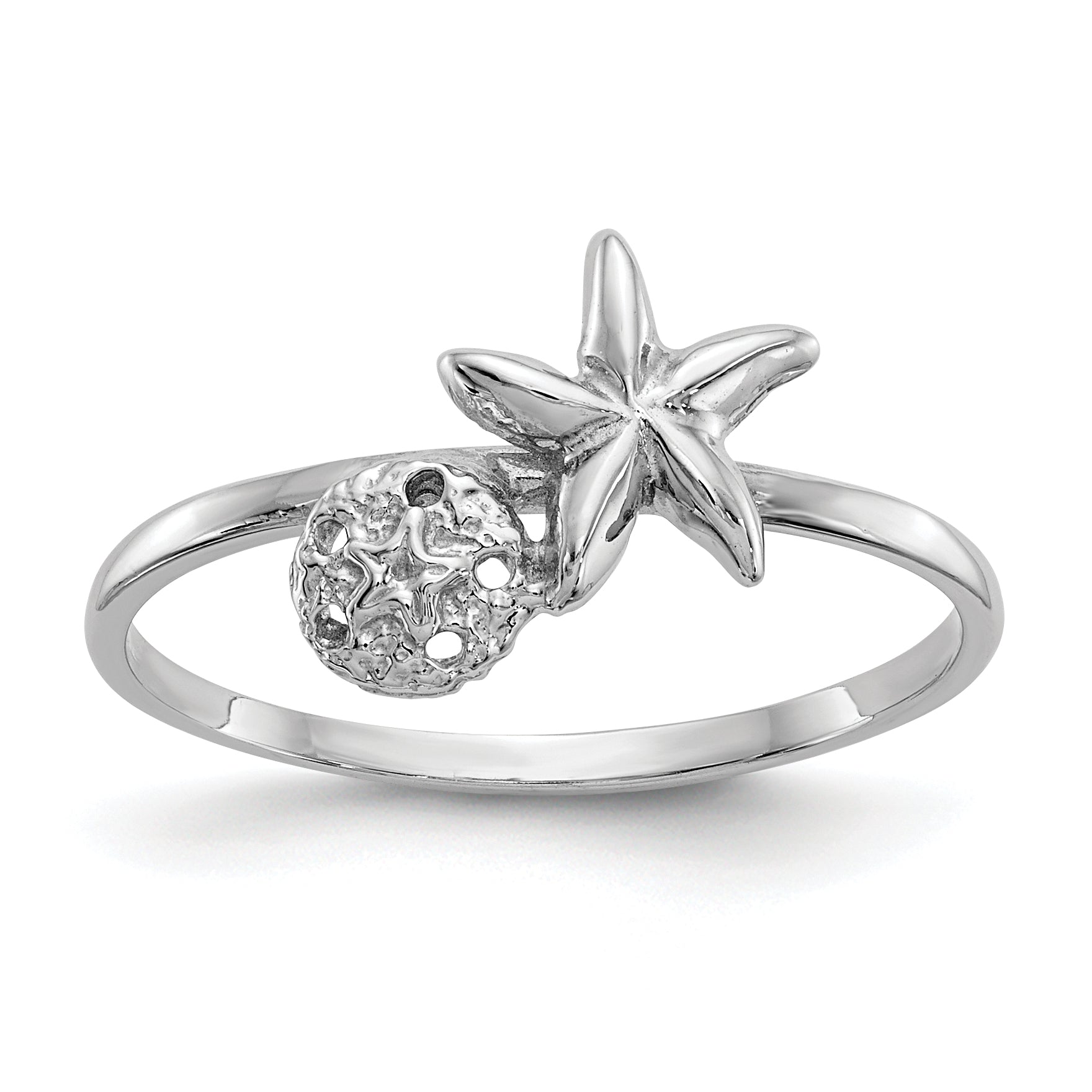 14k White Gold Polished Starfish & Sand Dollar Ring