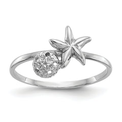 14k White Gold Polished Starfish & Sand Dollar Ring