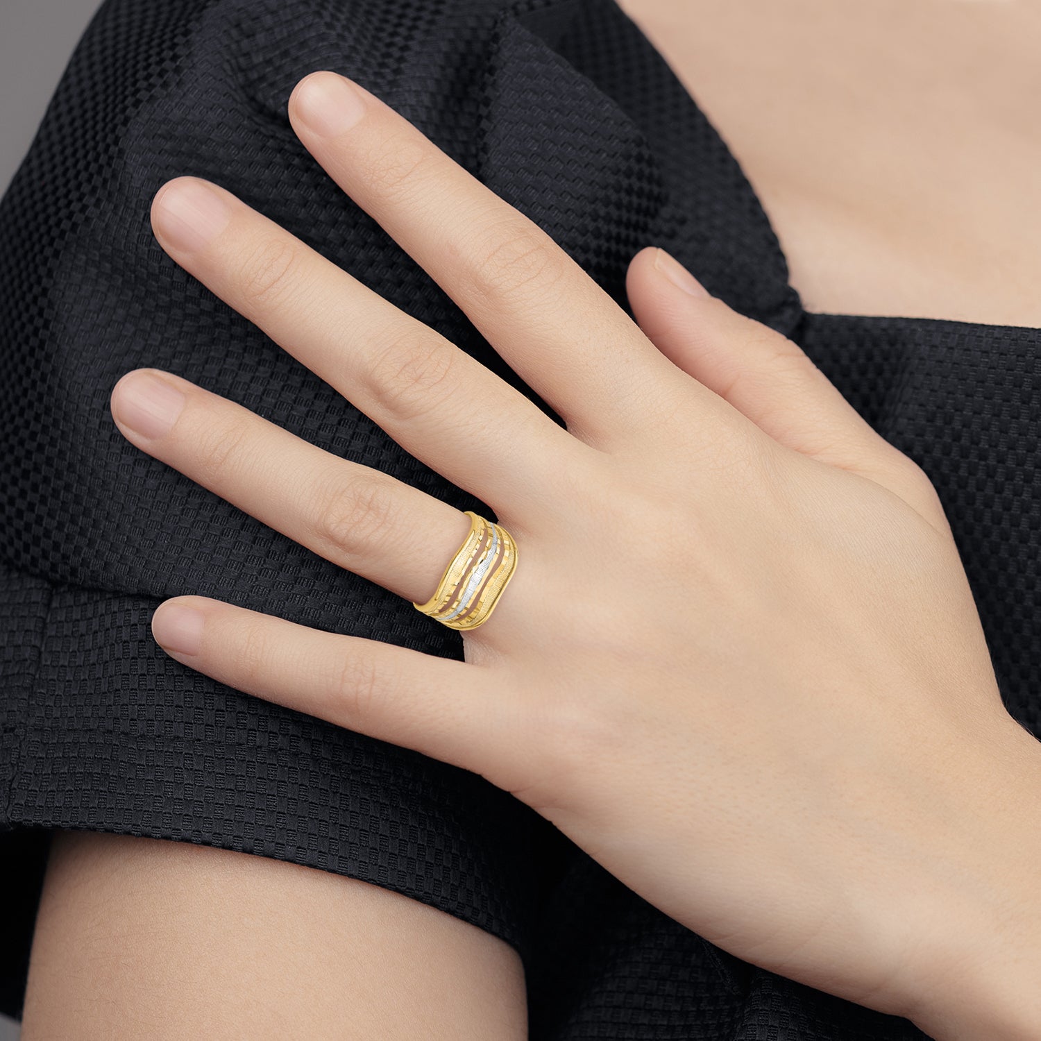 14K with Rhodium Polished Triple Wave Cut-out Ring