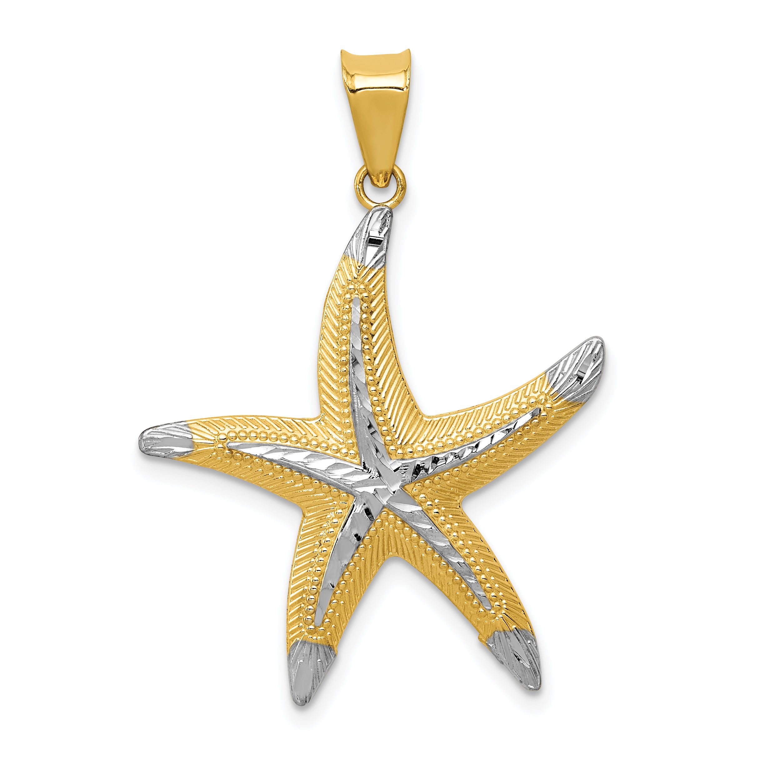 14k and Rhodium Diamond-cut Polished Starfish Pendant