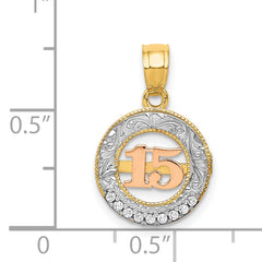 14K Two-Tone Gold CZ 15 Pendant with White Rhodium Polished Finish