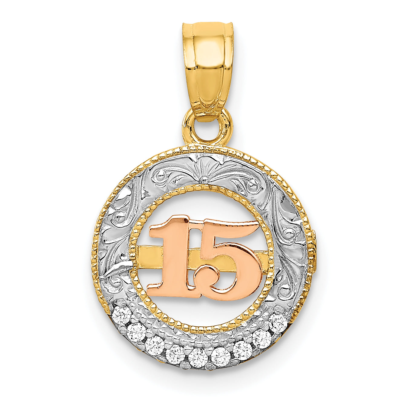 14k Two-tone w/White Rhodium CZ 15 Pendant