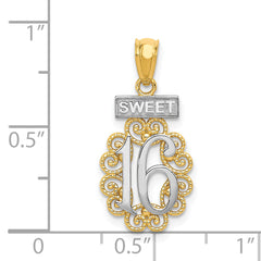 14K Gold and Rhodium Sweet 16 Filigree Pendant  Polished, Elegant Design