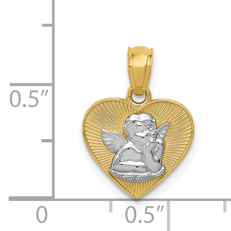 14k w/Rhodium Polished Guardian Angel in Heart Pendant