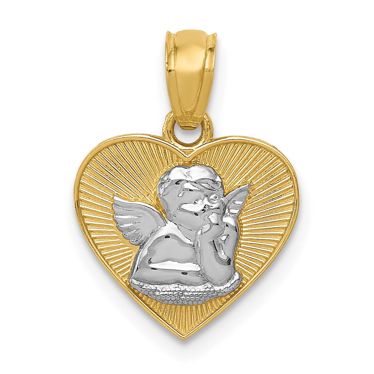 14k w/Rhodium Polished Guardian Angel in Heart Pendant