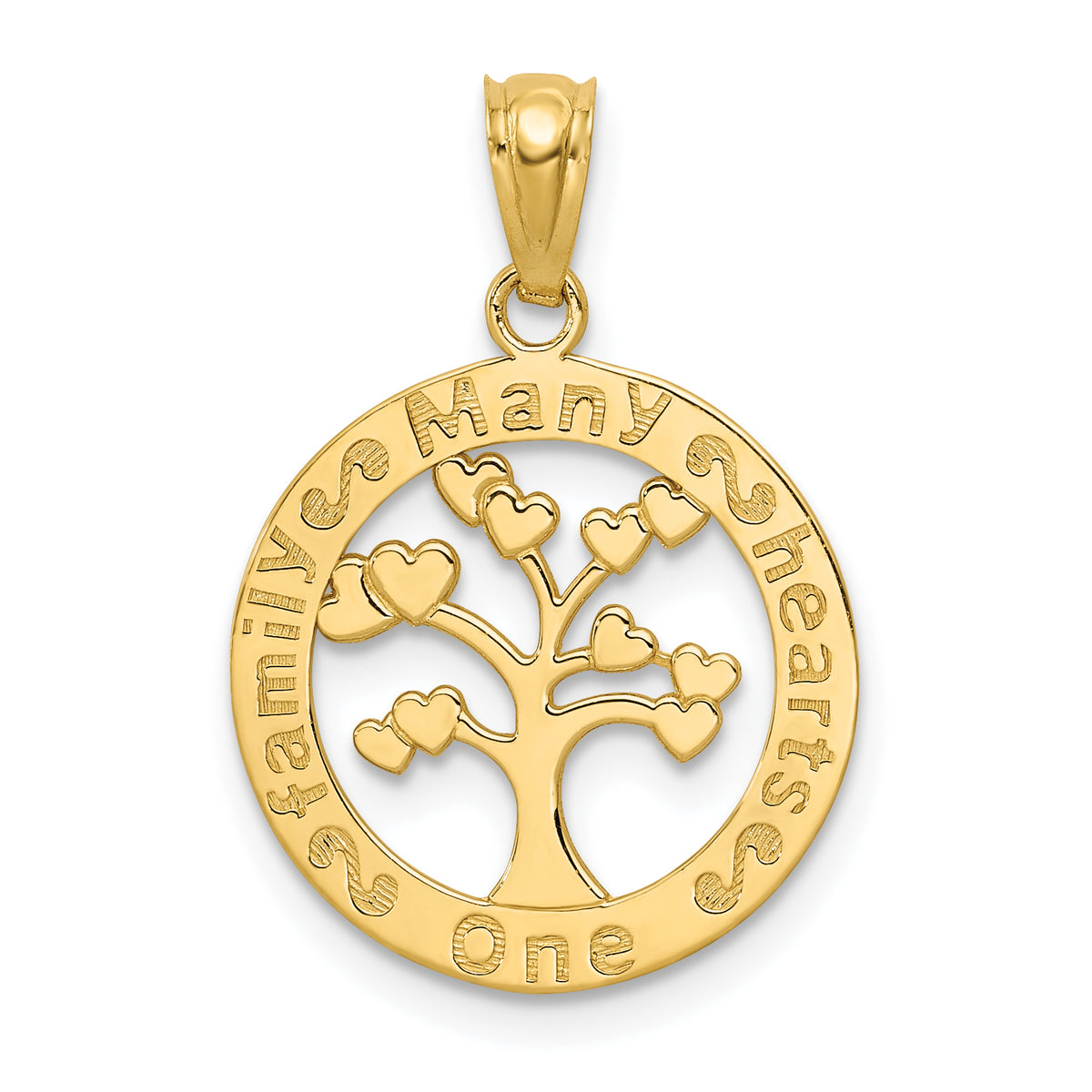 14k Polished ONE FAMILY MANY HEARTS Tree Pendant