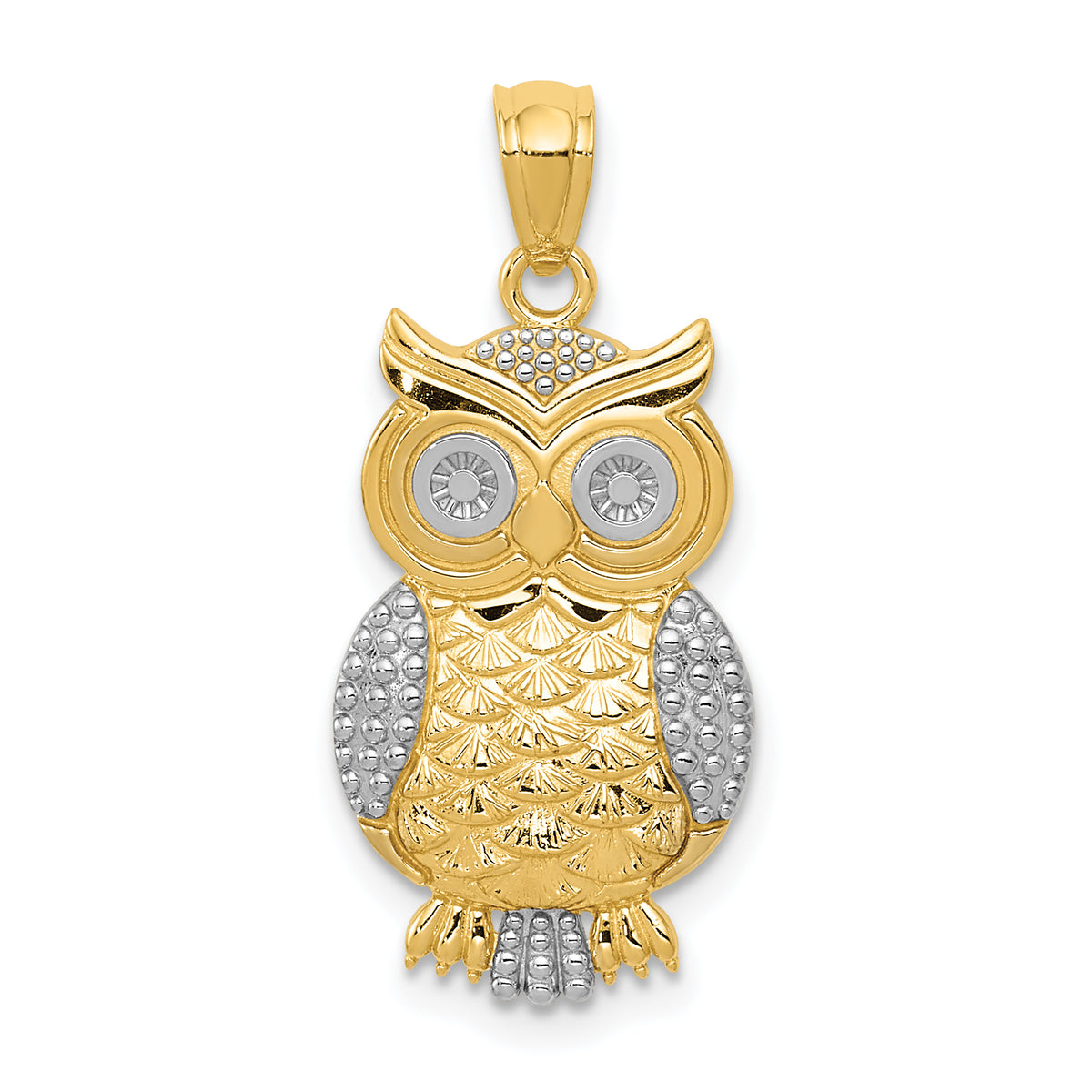 14K w/ Rhodium Polished / Textured Owl Pendant