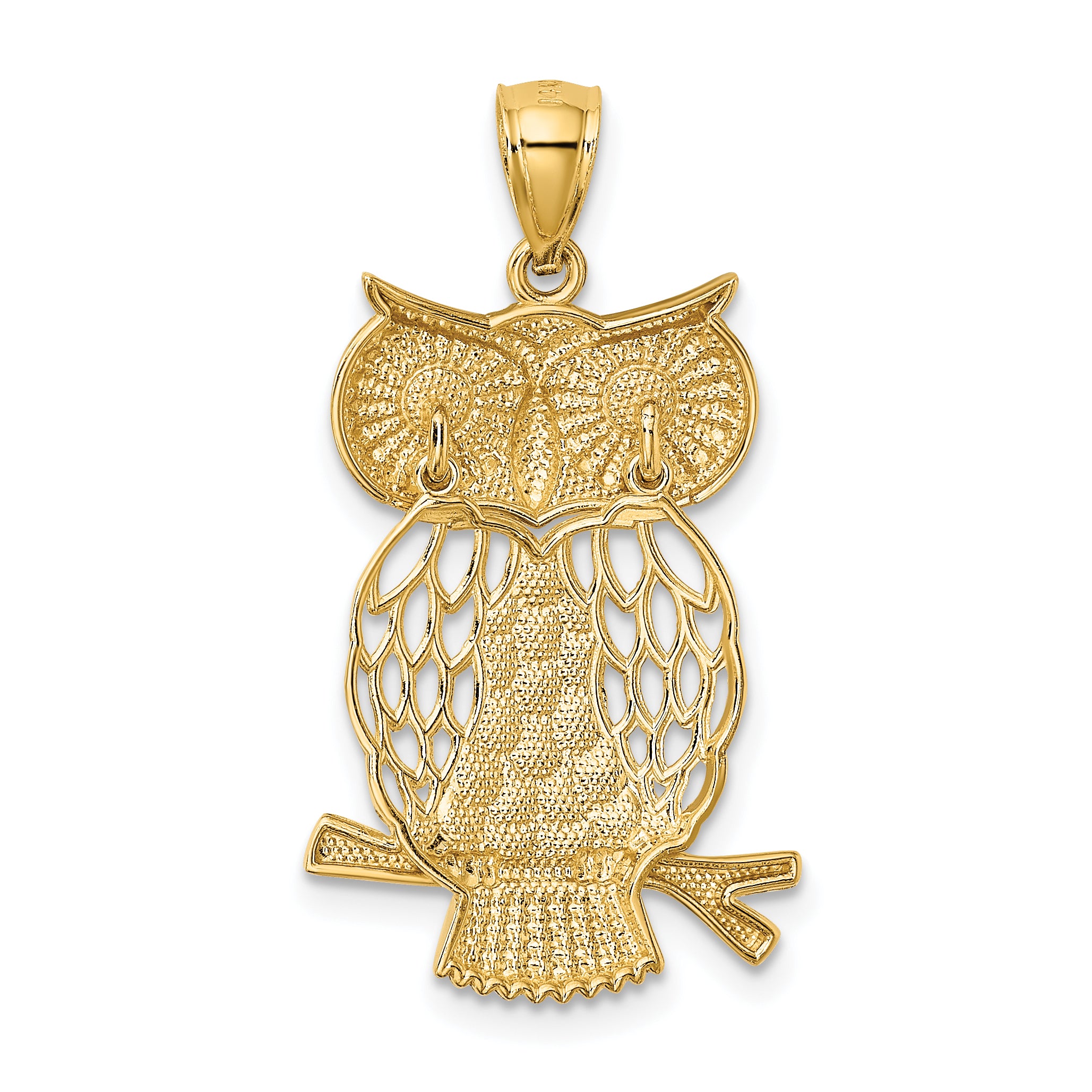 14K Gold Rhodium Diamond-Cut Moveable Owl Pendant - Polished Finish