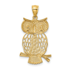 14K Gold Rhodium Diamond-Cut Moveable Owl Pendant - Polished Finish