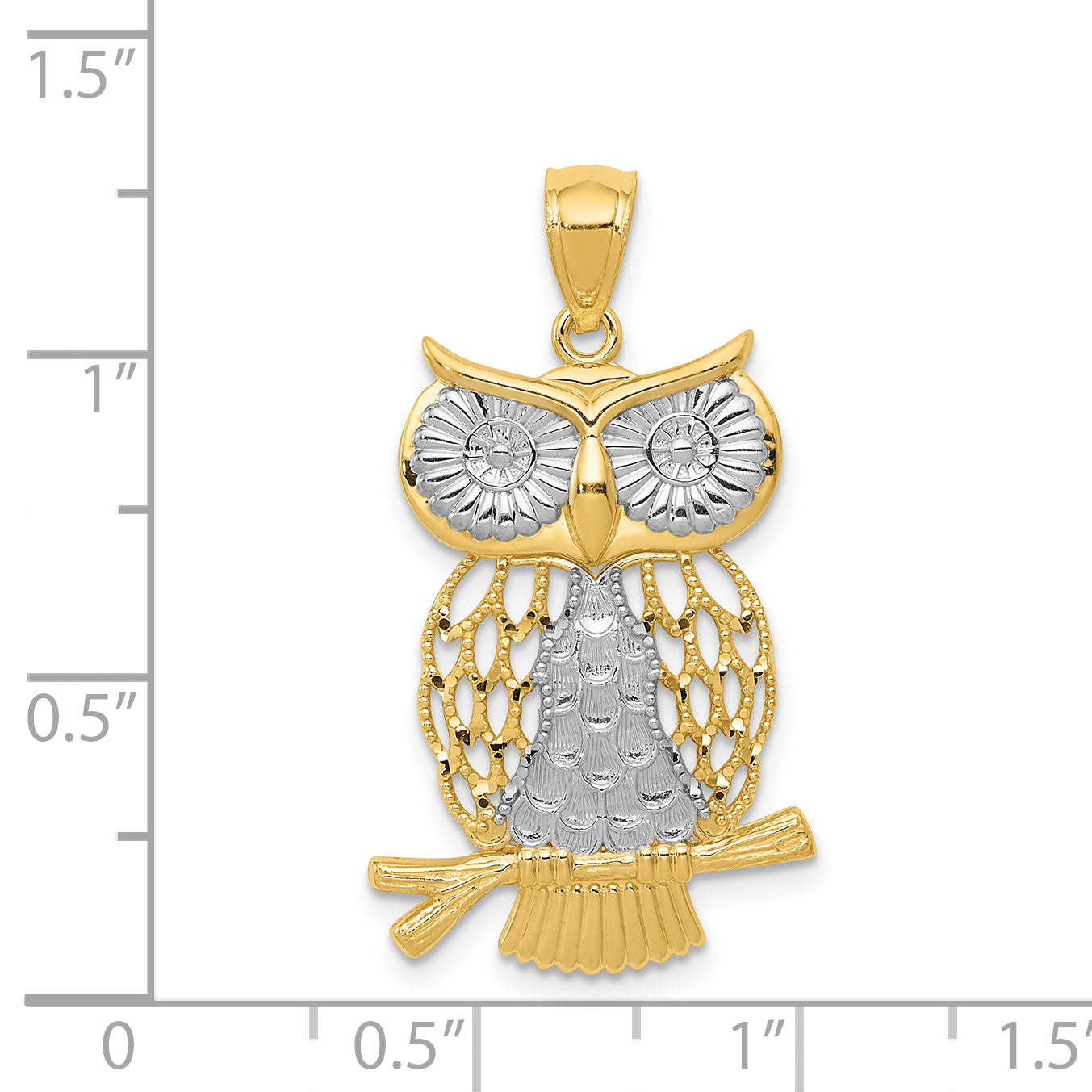 14K Gold Rhodium Diamond-Cut Moveable Owl Pendant - Polished Finish