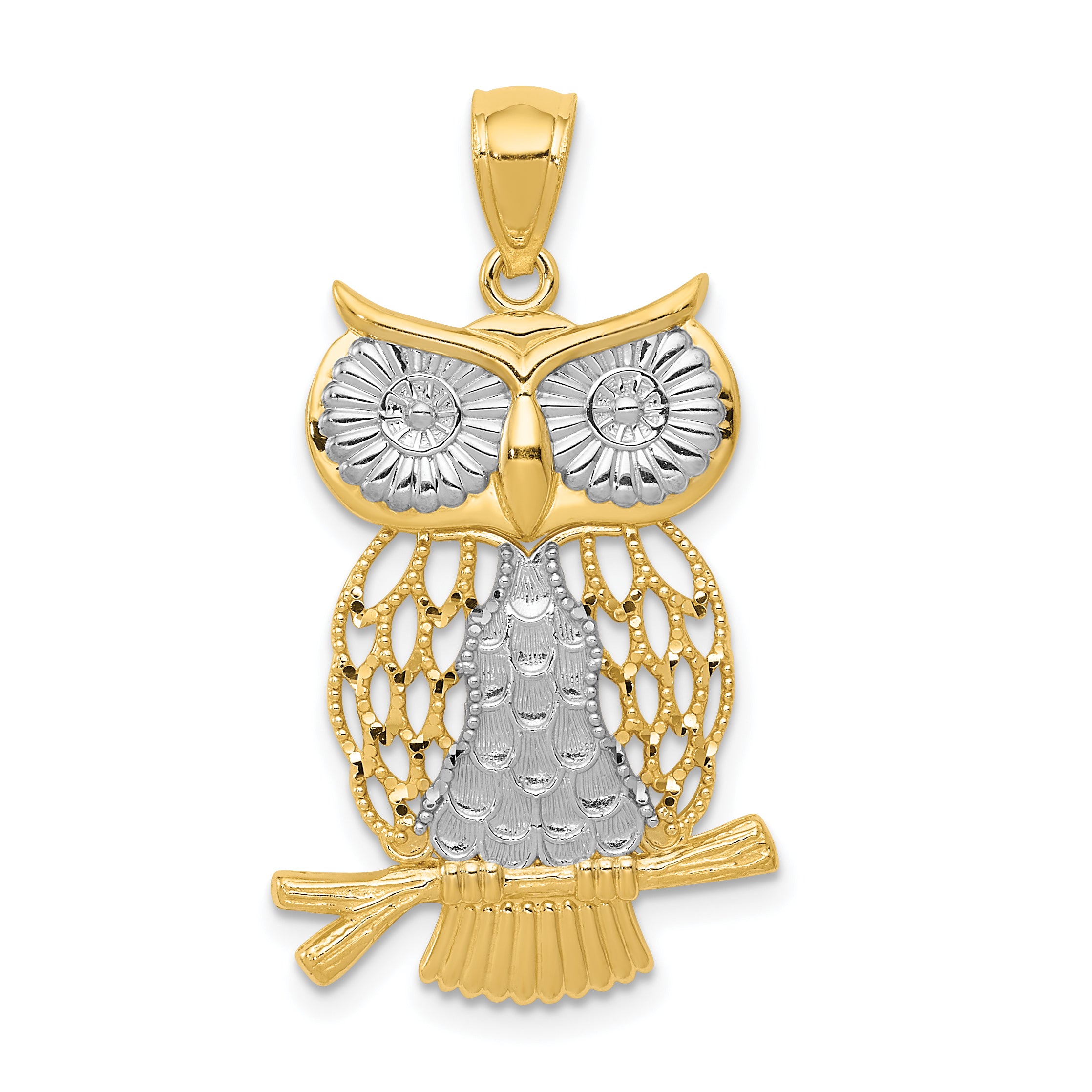 14k w/ Rhodium Diamond-cut Polished Moveable Owl Pendant