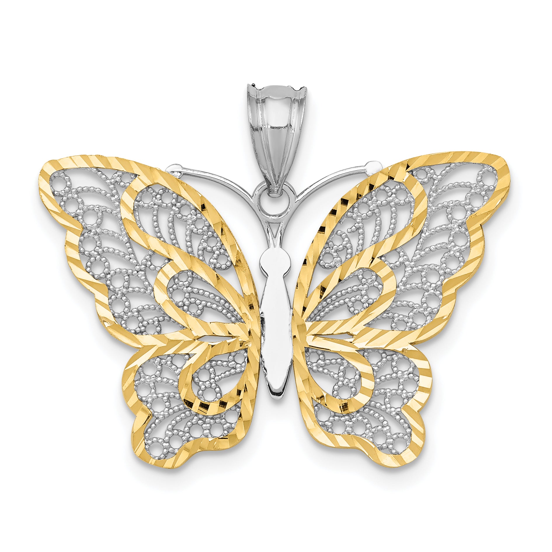 14k White Gold W/Yellow Rhodium Polished Filigree Butterfly Pendant