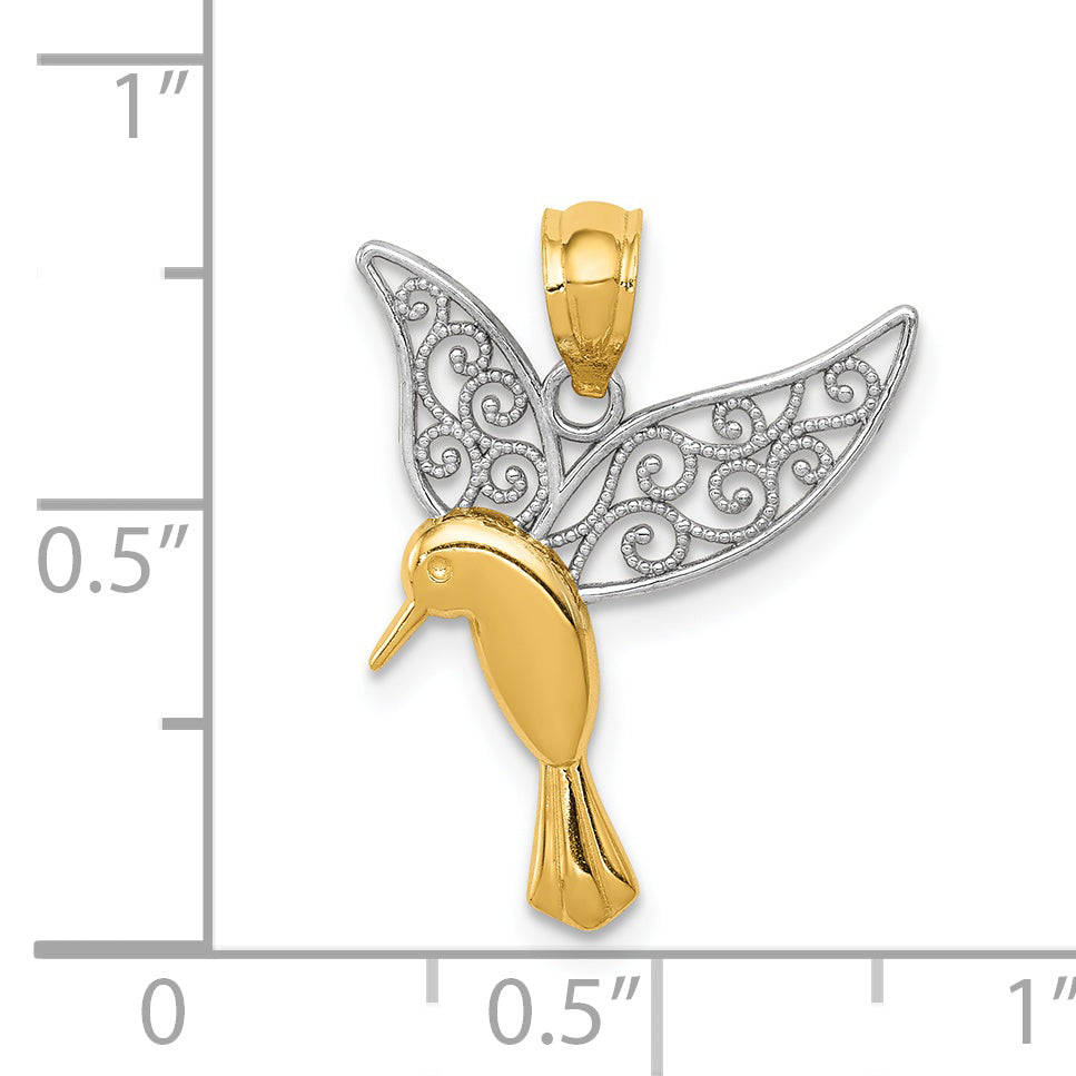 14k w/Rhodium Polished Hummingbird Filigree Wings Pendant