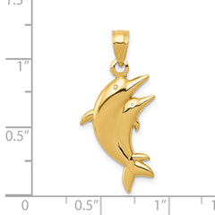 14K Gold Dolphin Pair Pendant with Polished Finish  Elegant and Themed