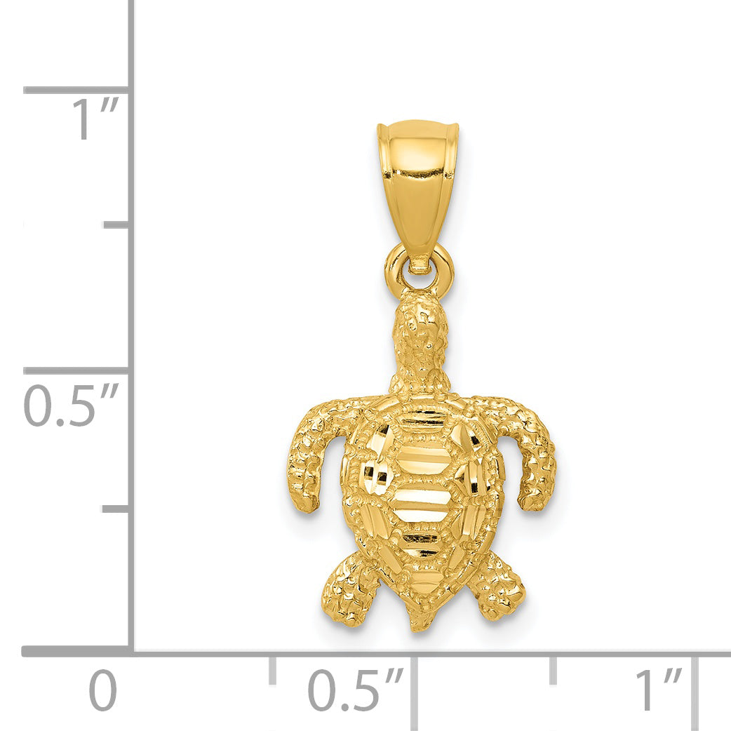 14k Polished and Textured Diamond-cut Sea Turtle Pendant