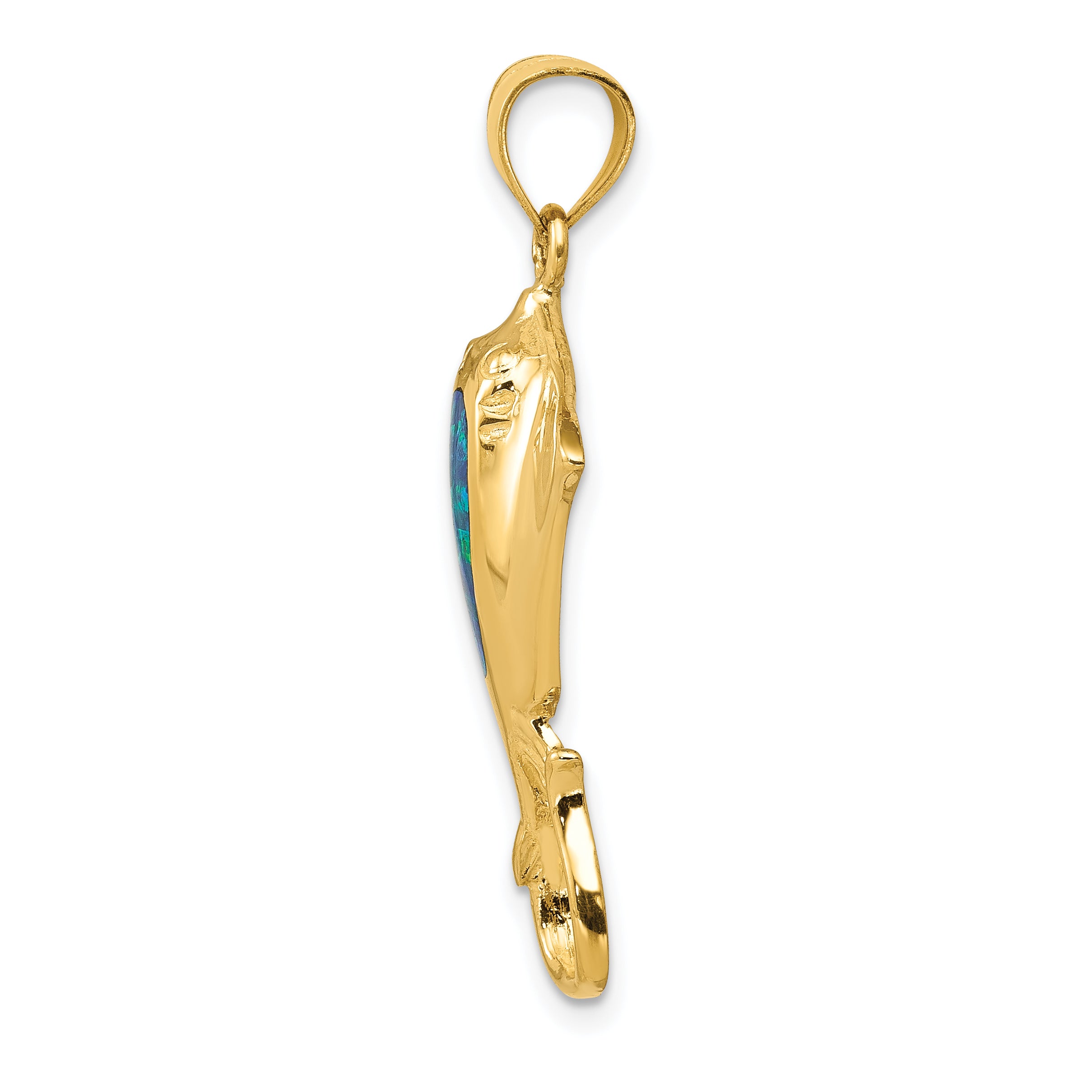 14K Gold Polished Stingray Pendant with Created Blue Opal