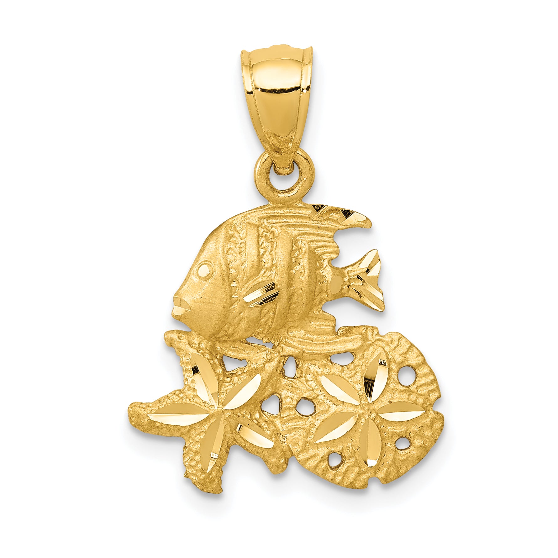 14k Satin Diamond-cut Fish, Starfish and Sand Dollar Pendant