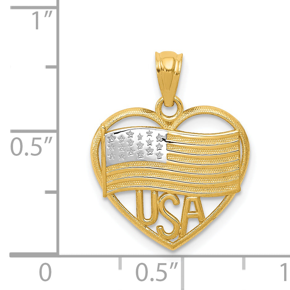 14K Gold Rhodium Heart Pendant with American Flag Design