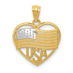 14k w/Rhodium Polished American Flag USA in Heart Pendant