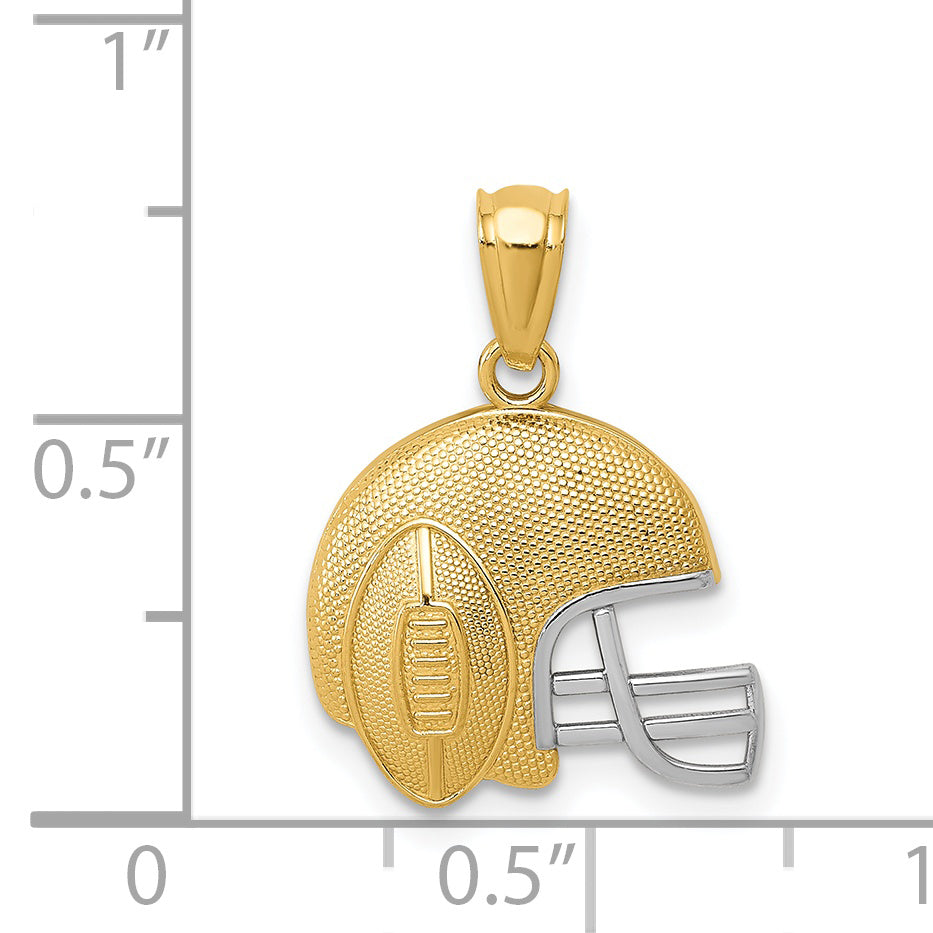 14K Gold Football Helmet Pendant with Rhodium Accents 3D Polished Finish