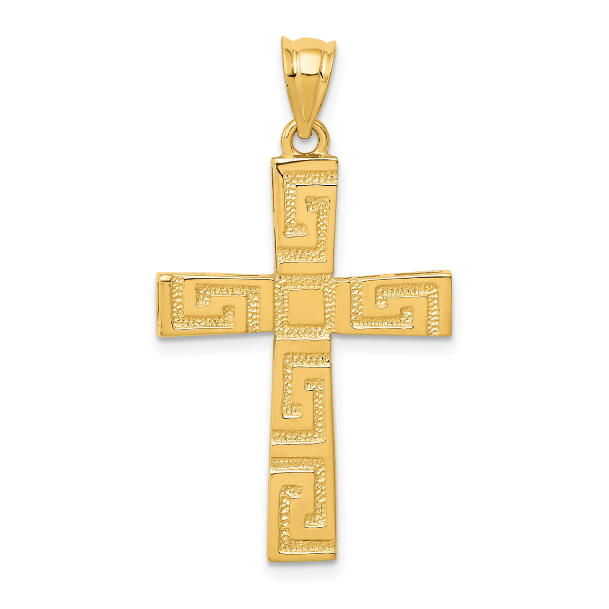 14K Gold Polished Greek Key Cross Pendant  Elegant, Textured Design