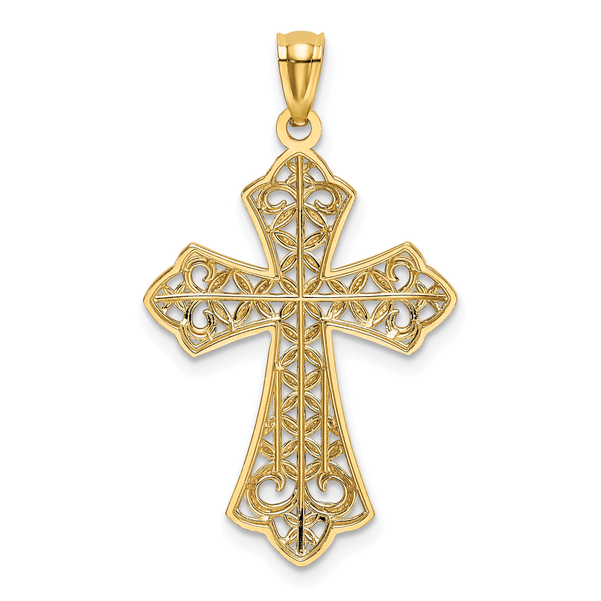 14K Gold Polished Filigree Cross Pendant with Rhodium Accents