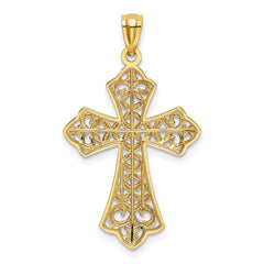 14K Gold Polished Filigree Cross Pendant with Rhodium Accents