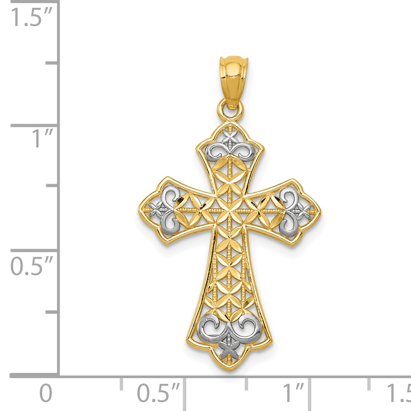 14K Gold Polished Filigree Cross Pendant with Rhodium Accents