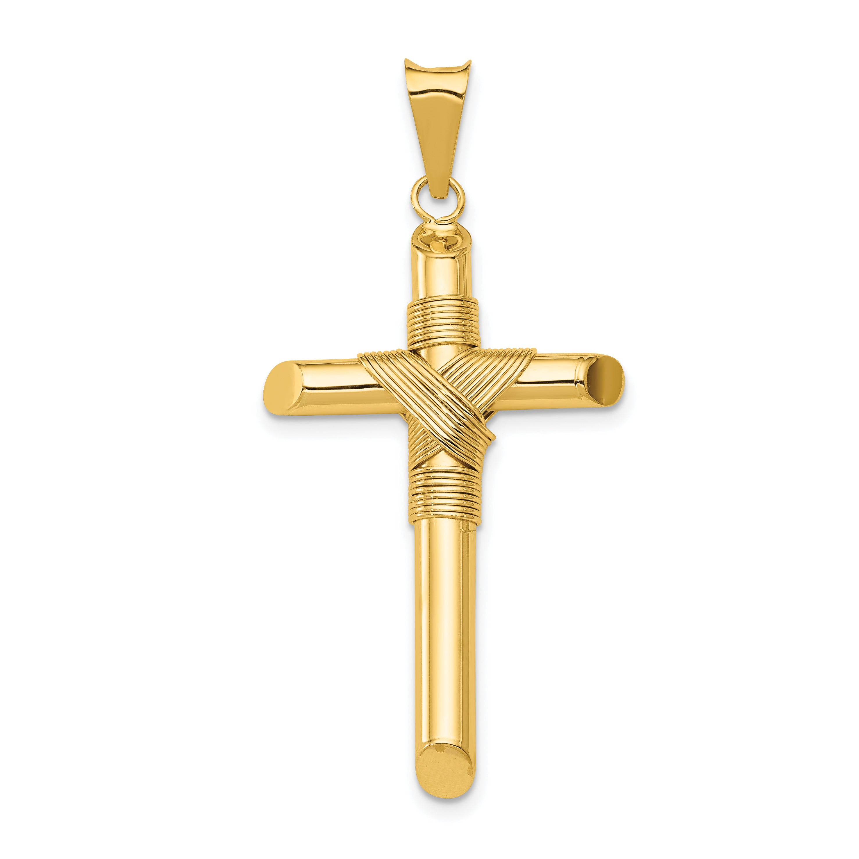 14K Polished w/Center Wrap Tube Cross Pendant