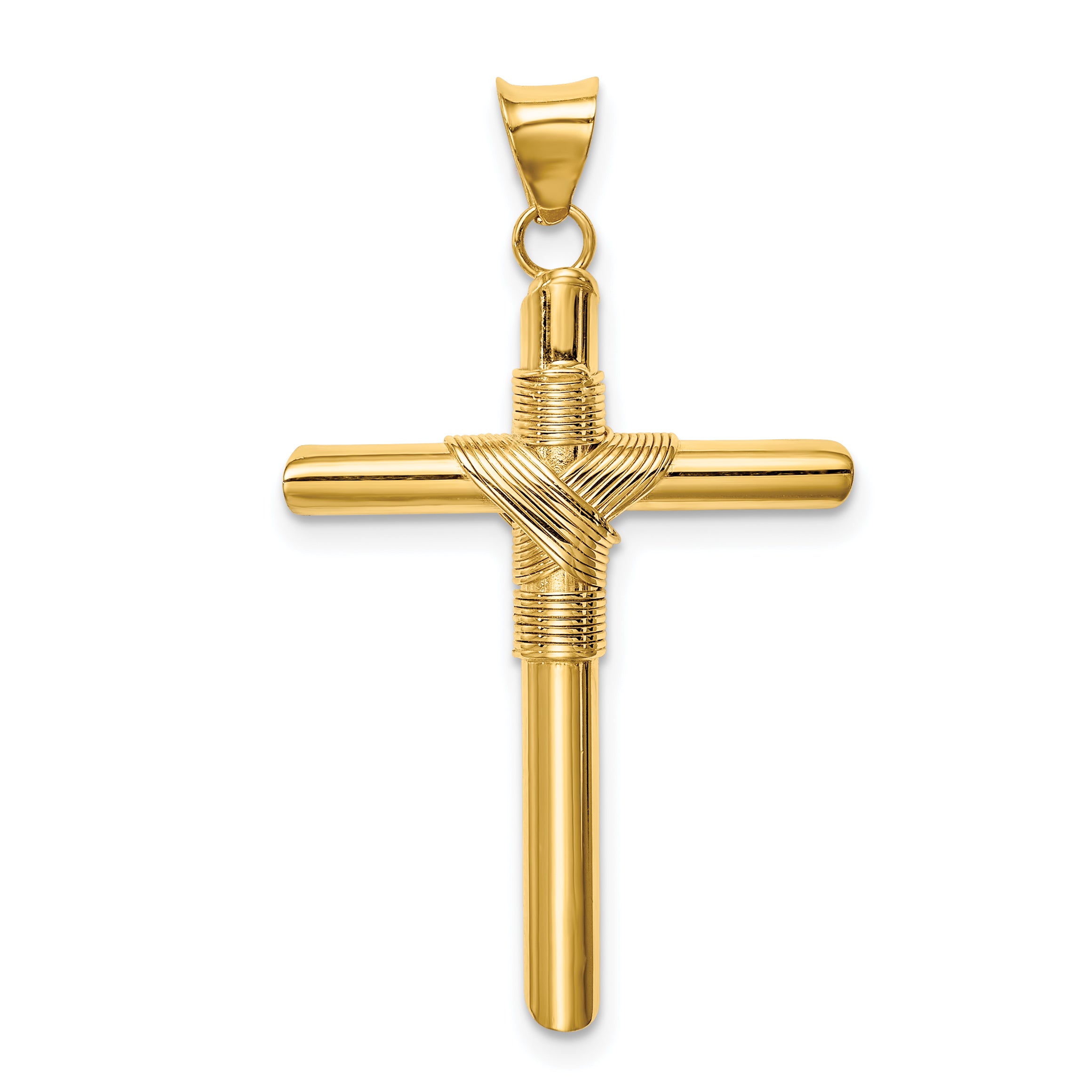 14K Gold Polished Cross Pendant with Center Wrap, 3D Design