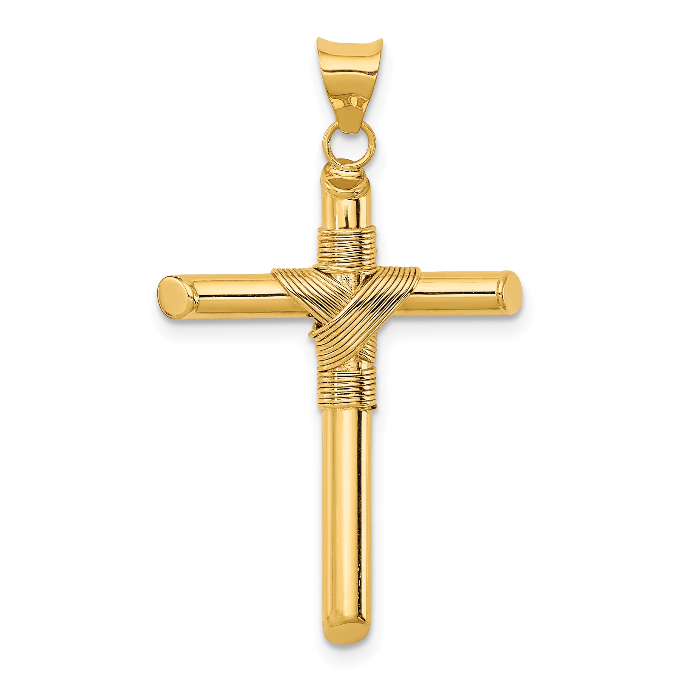 14K Polished w/Center Wrap Tube Cross Pendant