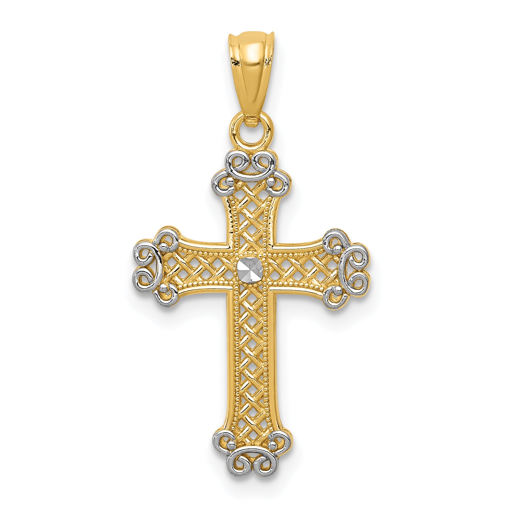 14k w/Rhodium Diamond-cut Filigree Cross Pendant