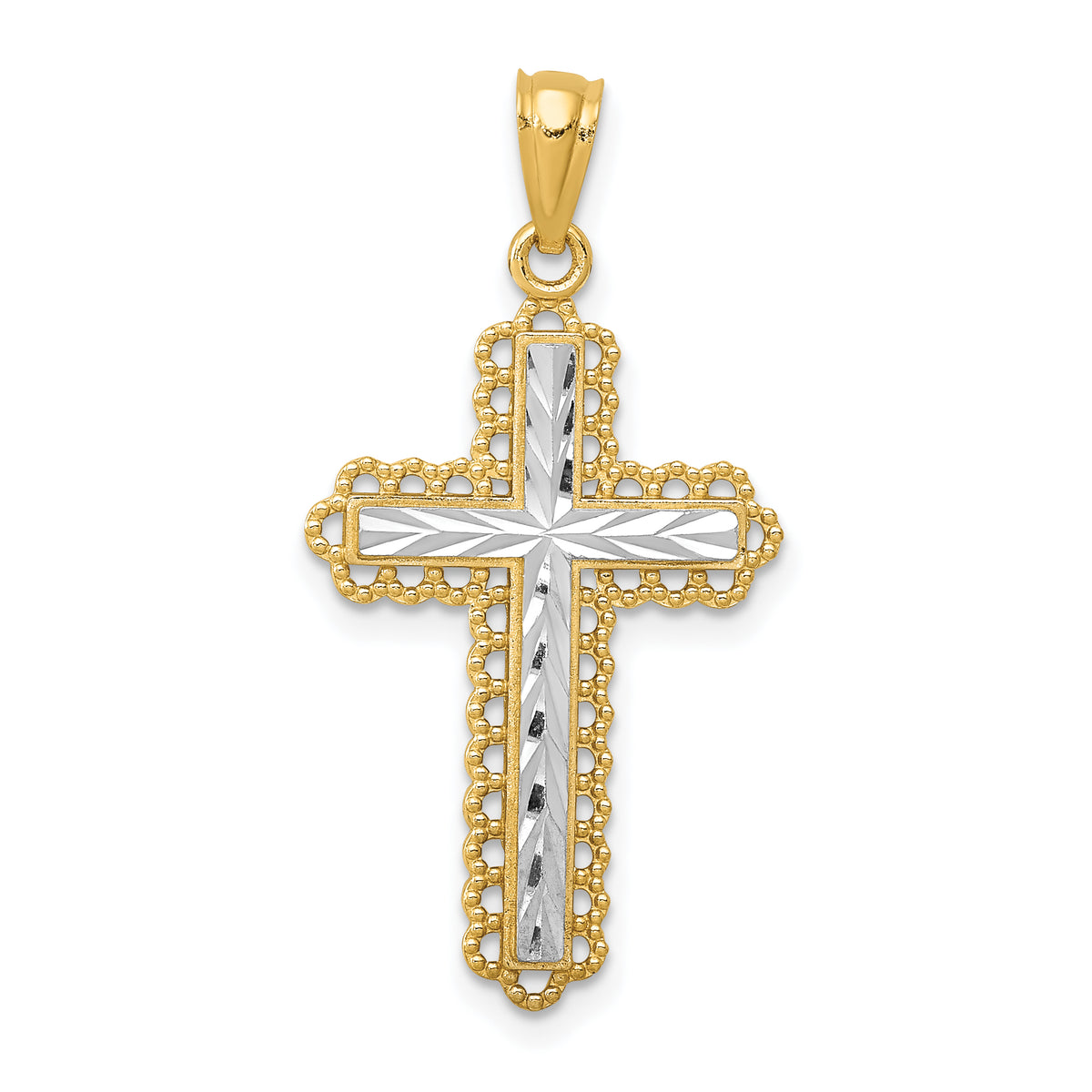 14k w/Rhodium Diamond-cut Budded Cross Pendant