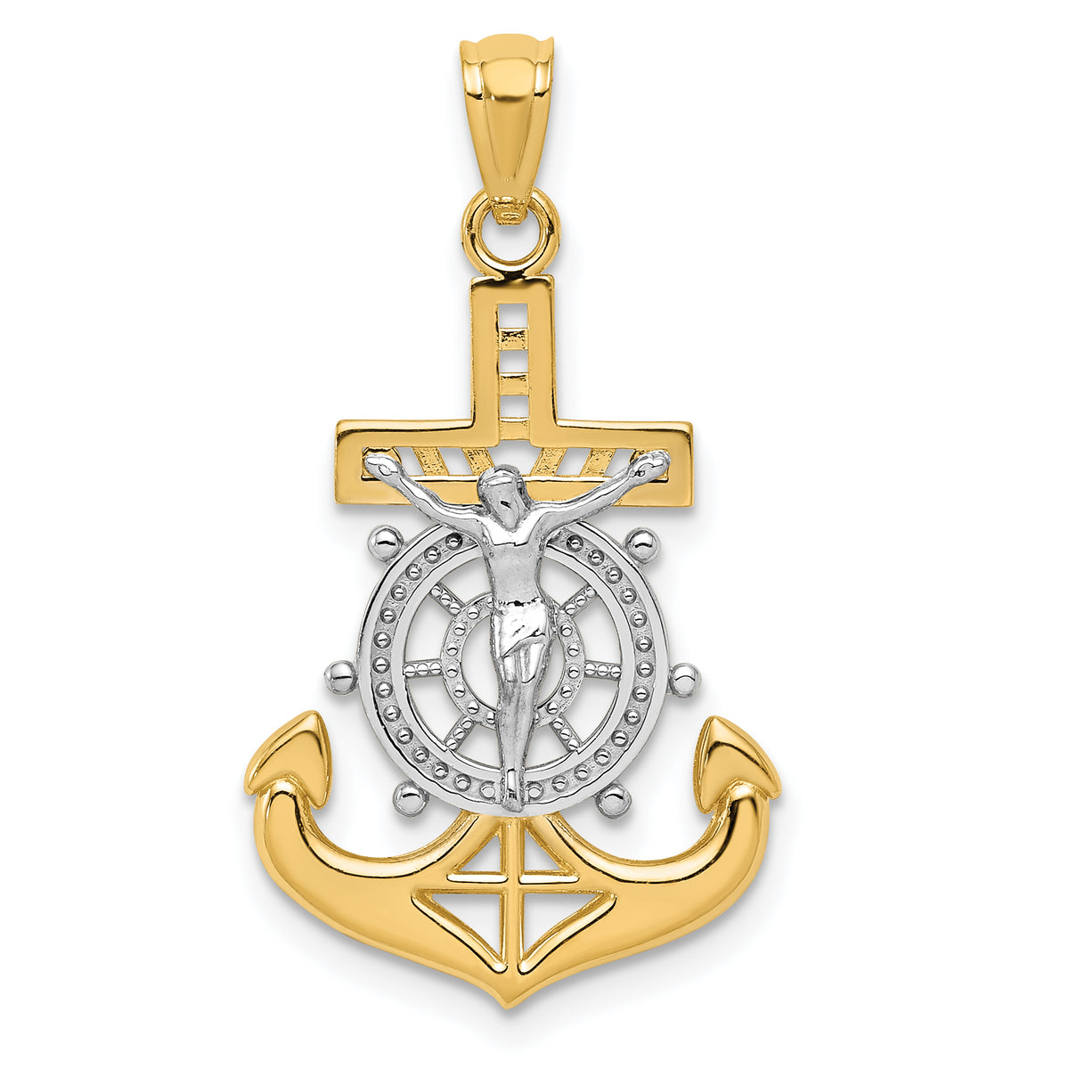 14k w/Rhodium Polished Mariners Crucifix Pendant