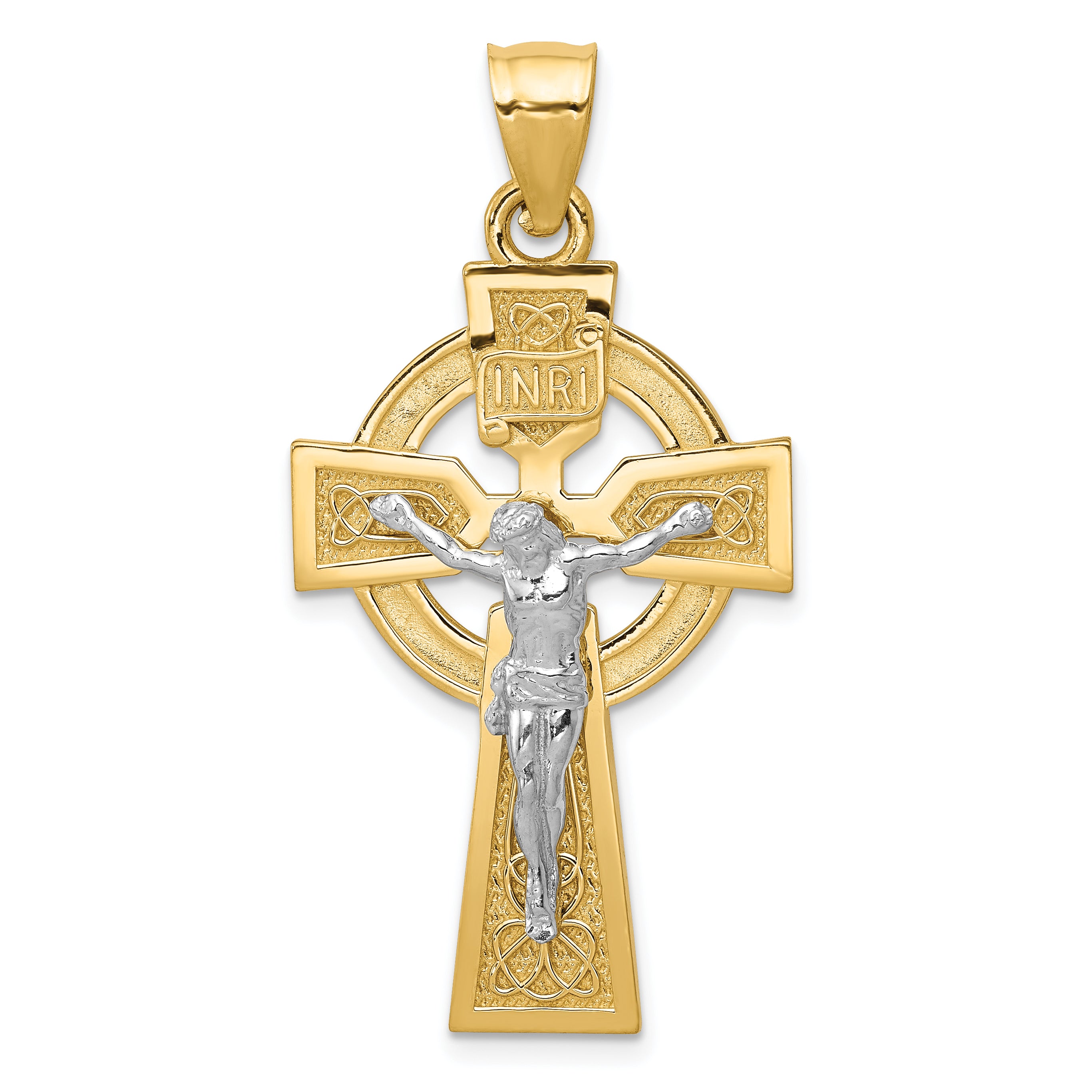 14k Two-tone Polished Celtic INRI Crucifix Pendant