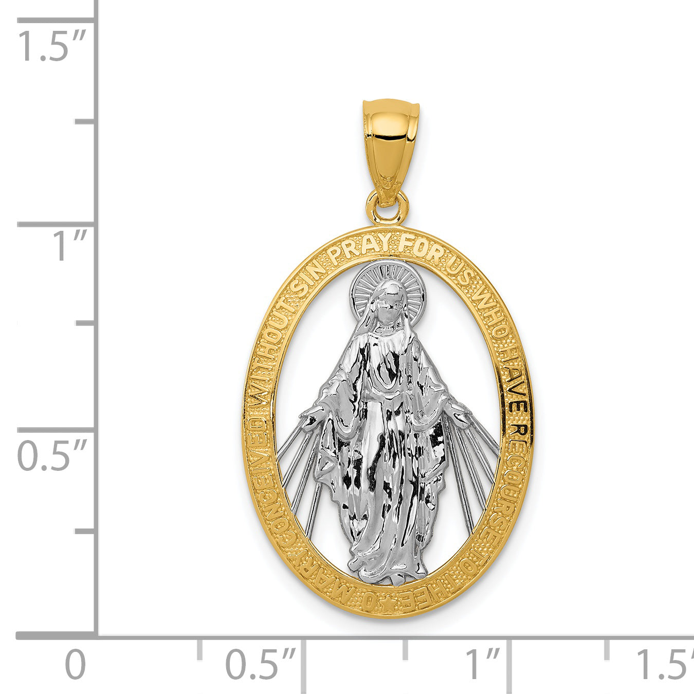 14K Gold Miraculous Medal Pendant with Rhodium Accent Polished Finish