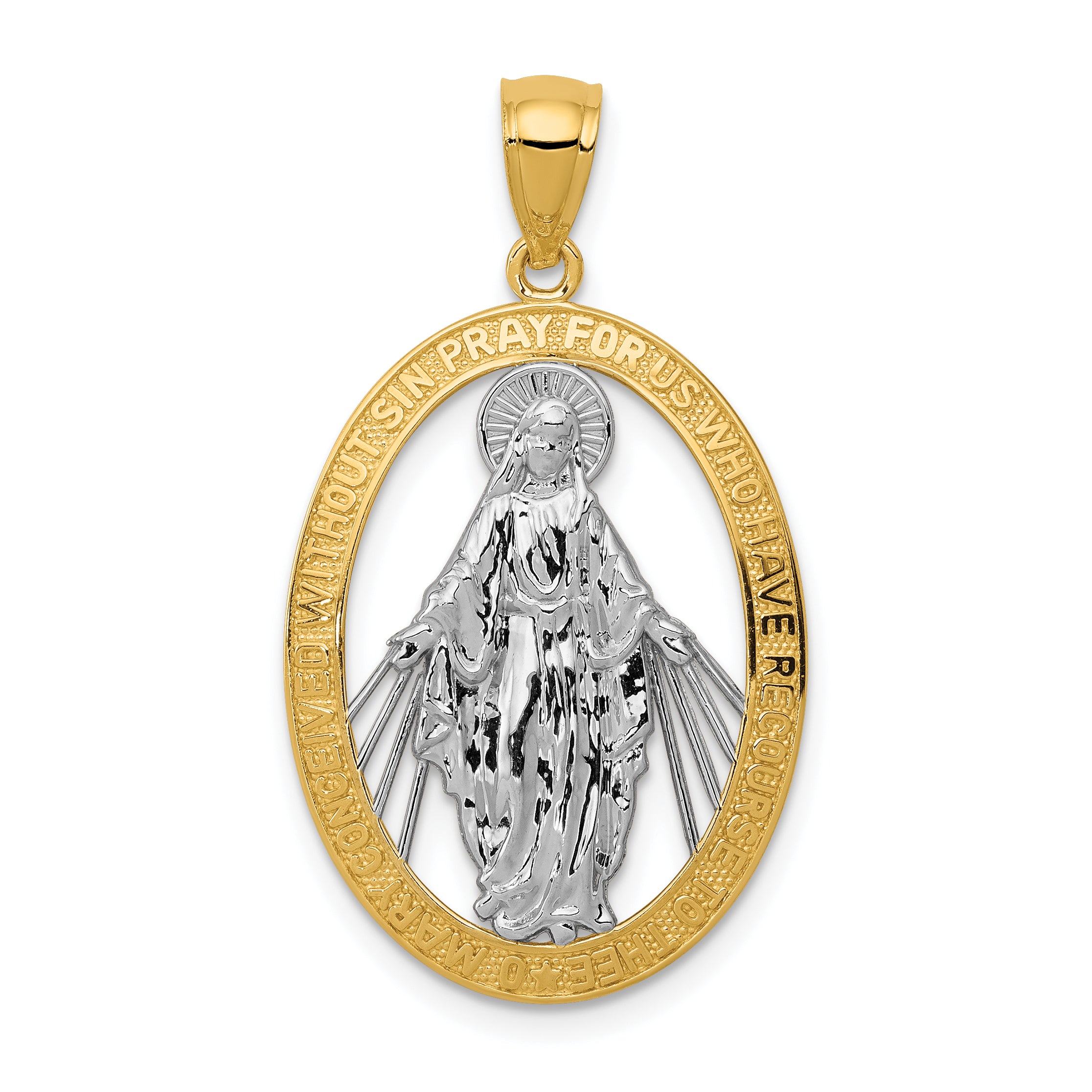 14k w/Rhodium Polished Miraculous Medal Pendant